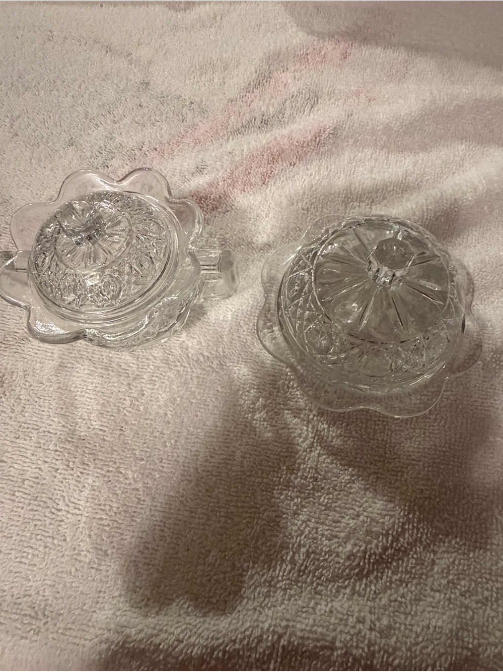 Clear Pressed Glass Lidded Dishes Set - Scalloped Bowls